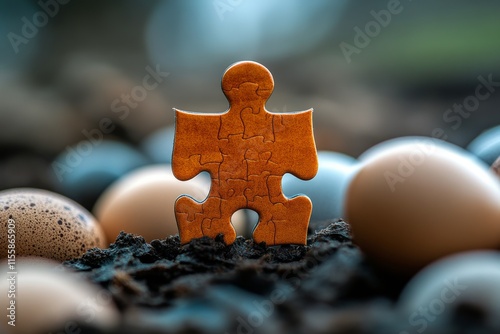 Unique puzzle piece among a collection of eggs in an egg carton highlighting ...