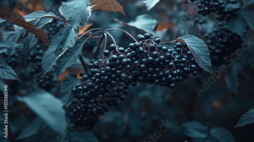 Close up of fresh dark purple elderberries on branches surrounded by lush leaves in a forest showcasing rich colors and copy space for text photo