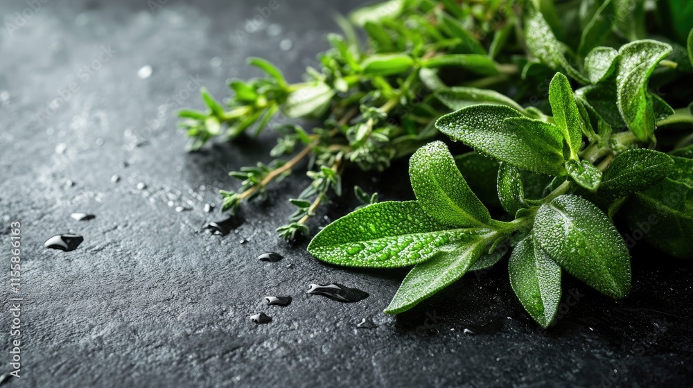 Naklejka premium Fresh herbal leaves with water droplets on a dark stone surface ideal for natural and culinary themed projects with space for text