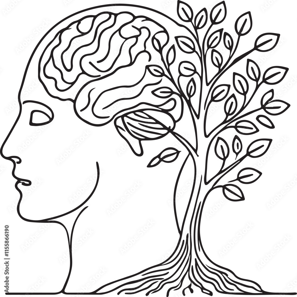 Psychological Growth Concept Human Brain and Tree in Minimalist Line Art Psychological Growth Concept Human Brain and Tree in Minimalist Line Art