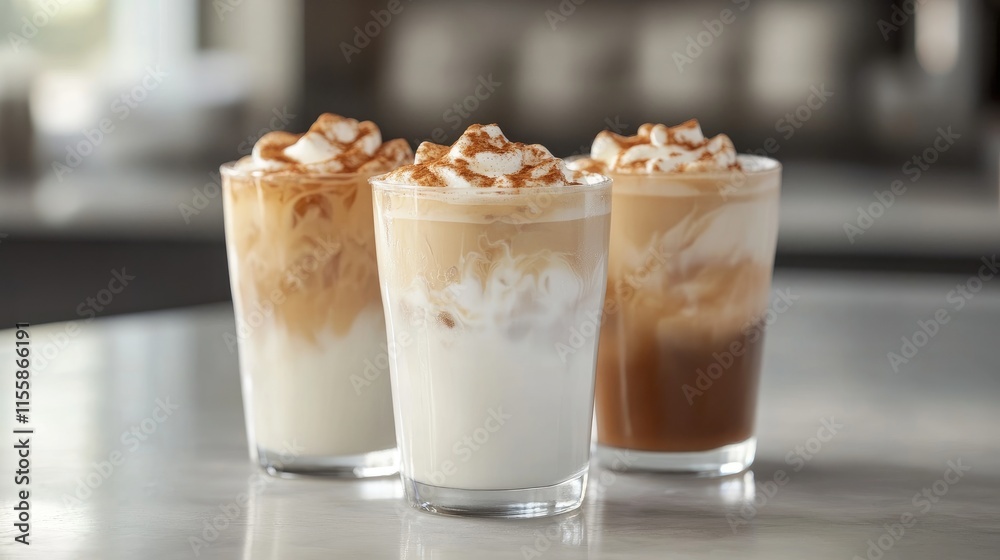 Homemade iced lattes beautifully presented on a cafe table with creamy textures and vibrant colors inviting creativity and refreshment Homemade iced lattes beautifully presented on a cafe table with creamy textures and vibrant colors inviting creativity and refreshment