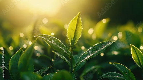 Fresh green tea leaves glistening with morning dew in sunlight with soft bokeh background ideal for wellness and nature themed advertisements photo