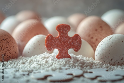 Unique puzzle piece among a collection of eggs in an egg carton highlighting ...
