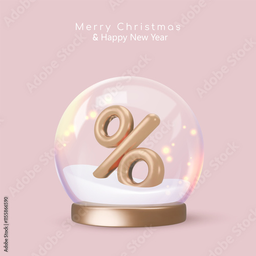 Empty glass globe with snow, gold percent and golden podium, base. Vector illustration isolated on pink. Happy New Year greeting card for party, flyer, banner, web, advertising. Christmas sale
