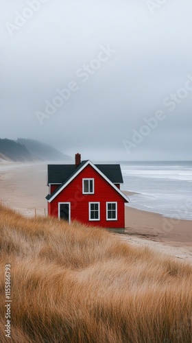 Red seaside house surrounded by sand dunes and ocean waves under cloudy sky