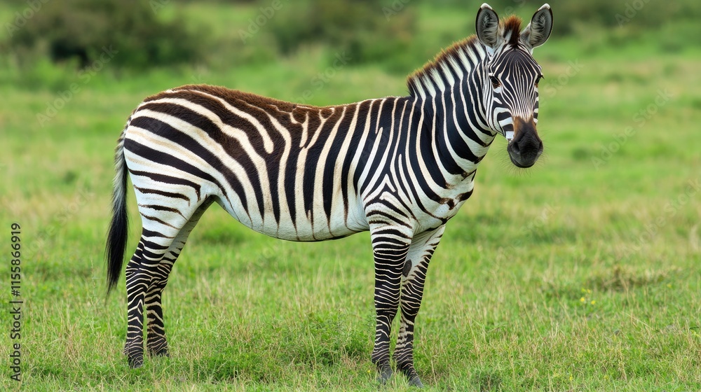 Naklejka premium Close up portrait of a zebra in a green savanna showcasing wildlife and ecology in Africa with space for text and design elements.