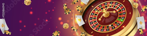 Banner with Golden casino roulette, wheel with flying black poker chips, tokens, playing cards, dices, around on purple background with lights, bokeh. Vector illustration for design, advertising