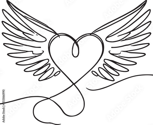 Heart with Wings Line Drawing Symbolizing Freedom, Love, and Passion in Minimalist Art