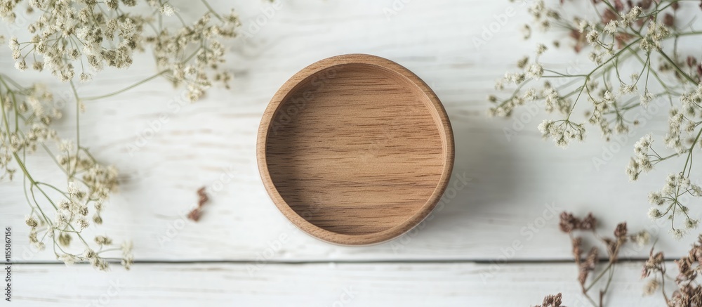 Wooden ring jar on a white wooden table surrounded by dried flowers creating a minimalist staged product photography composition Wooden ring jar on a white wooden table surrounded by dried flowers creating a minimalist staged product photography composition