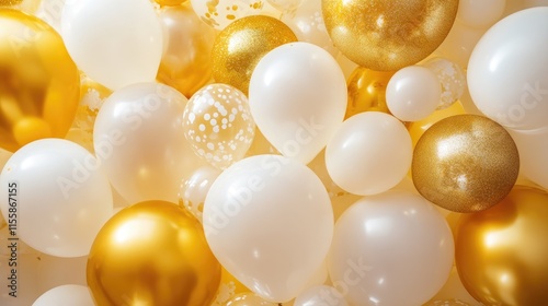 assorted balloons in elegant gold and white shades ideal for celebrations and festive occasions enhancing a lively atmosphere photo