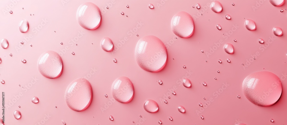 Realistic water droplets on a smooth pink surface creating an elegant backdrop with ample space for text or branding applications Realistic water droplets on a smooth pink surface creating an elegant backdrop with ample space for text or branding applications