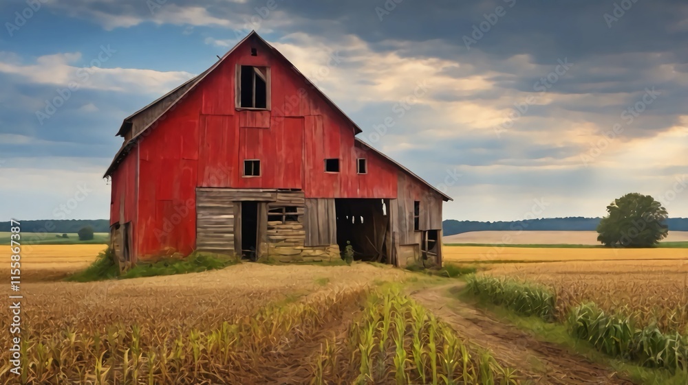 An old barn sits at the edge of a cornfield, its red paint weathered by years of sun and rain An old barn sits at the edge of a cornfield, its red paint weathered by years of sun and rain