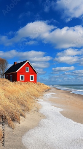 Red seaside house surrounded by sand dunes and ocean waves under cloudy sky