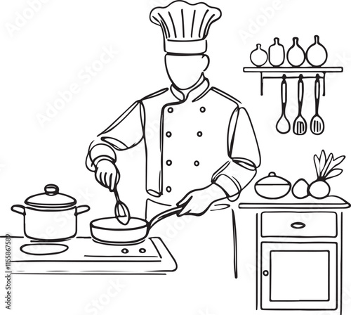 Chef Line Drawing: Cooking with Pan in Minimalist Design photo