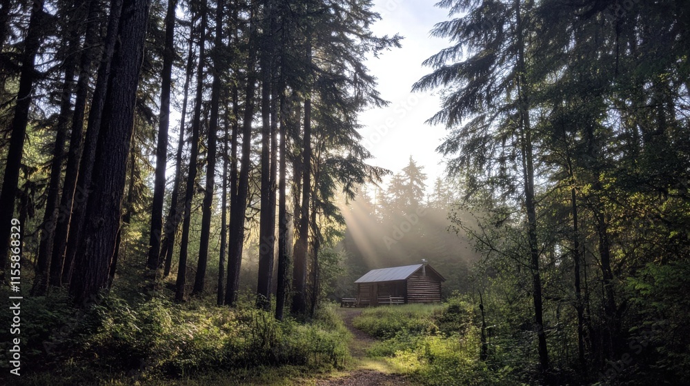 Forest Cabin Sunrise: A rustic cabin nestled amidst towering evergreen trees, bathed in the soft glow of sunrise, creating a serene and peaceful atmosphere. Forest Cabin Sunrise: A rustic cabin nestled amidst towering evergreen trees, bathed in the soft glow of sunrise, creating a serene and peaceful atmosphere.