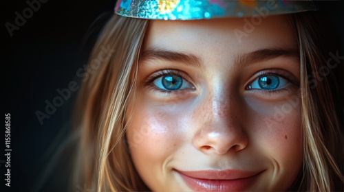 Happy child with colorful party hat smiling brightly at a festive gathering