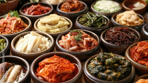 Assorted Variety of Traditional Asian Fermented Foods in Decorative Bowls with Preservation Labels for Culinary Presentation