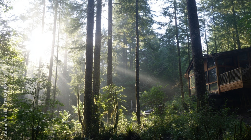 Obraz premium Sunlight Through the Trees: A rustic cabin nestled amidst towering redwood trees, bathed in the warm glow of the rising sun. The ethereal light creates a sense of tranquility and serenity.