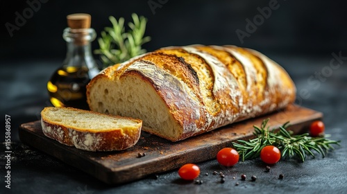 Freshly baked bread with olive oil and herbs on wooden board