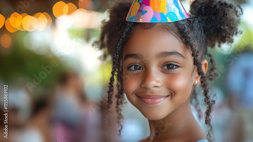 Happy child with colorful party hat smiling brightly at a festive gathering