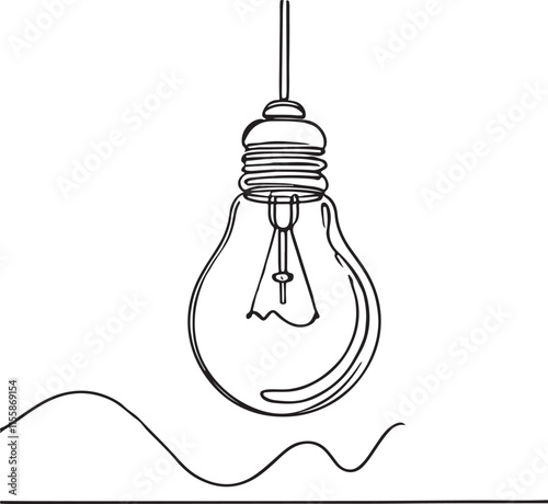 Hanging Light Bulb in Minimalist Style Black Line Drawing on White