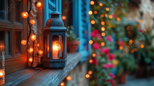 Colorful string lights illuminate a balcony at sunset in a vibrant urban setting
