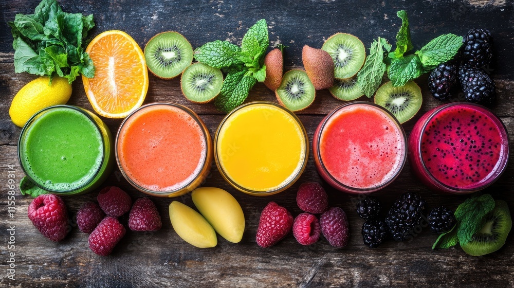 Vibrant Fruit-Infused Beverages Displayed with Fresh Ingredients on Rustic Wooden Surface Vibrant Fruit-Infused Beverages Displayed with Fresh Ingredients on Rustic Wooden Surface