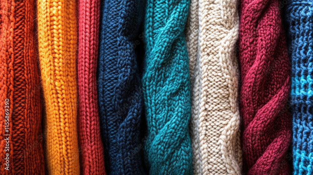 Colorful Textured Knitted Sweaters Displaying Diverse Patterns and Warmth for Cozy Home Decor and Fashion Elements Colorful Textured Knitted Sweaters Displaying Diverse Patterns and Warmth for Cozy Home Decor and Fashion Elements