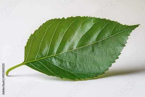 Fresh green leaf resting on a plain surface displaying its intricate veins an...