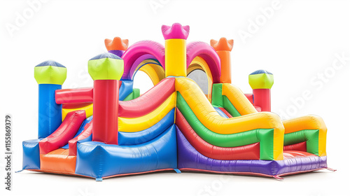 Big colorful bouncy castle, colorful inflatable bouncy castle toy isolated on white background, concept of children's playground