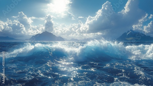 Majestic ocean waves crashing against the shore under a bright sky and fluffy...