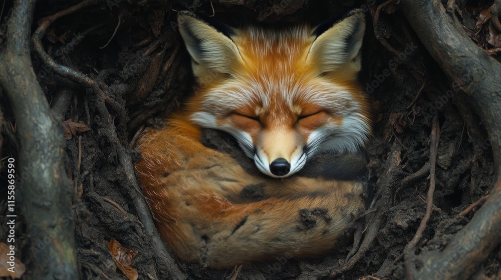 Obraz premium Red fox resting peacefully in its burrow during the day in a natural habitat