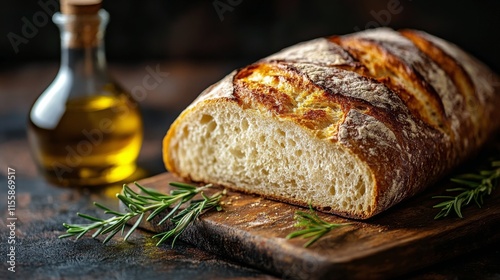 Freshly baked bread with olive oil and herbs on wooden board