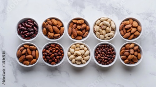 Assorted beans and nuts in bowls overhead view showcasing healthy protein rich foods suitable for nutrition and wellness concepts