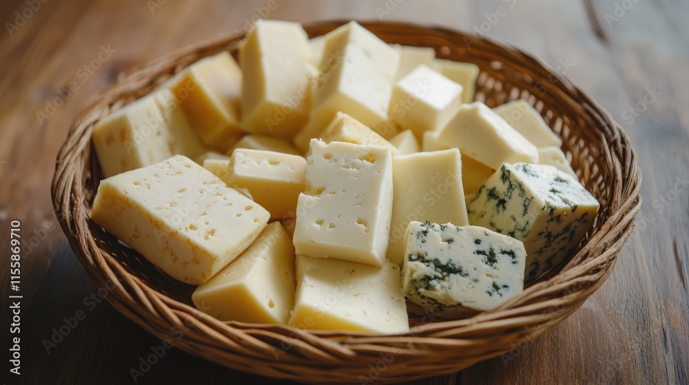 Assorted cheese varieties in a wicker bowl on a wooden table ideal for vegan and vegetarian culinary themes and food photography Assorted cheese varieties in a wicker bowl on a wooden table ideal for vegan and vegetarian culinary themes and food photography