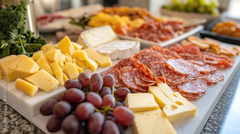 Artfully arranged cheese platter with assorted cheeses, salami, and fresh grapes displayed on a modern kitchen table setting. Artfully arranged cheese platter with assorted cheeses, salami, and fresh grapes displayed on a modern kitchen table setting.