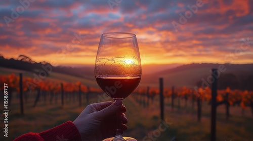 Sunset over vineyard with red wine glass and bottle on wooden table