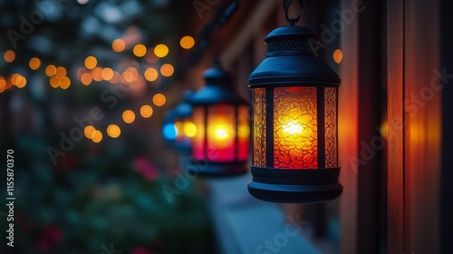 Colorful string lights illuminate a balcony at sunset in a vibrant urban setting