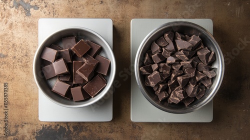 Assorted dark and semisweet chocolate pieces balanced on a scale for culinary and confectionery purposes