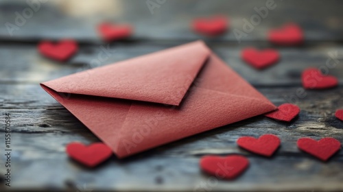 Red envelope surrounded by small heart decorations on wooden surface for roma...