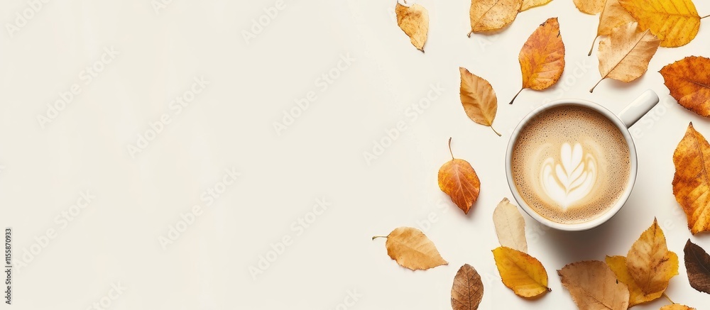 Autumn coffee break with scattered leaves and a cup of coffee creating a warm atmosphere ideal for seasonal promotions and cozy moments Autumn coffee break with scattered leaves and a cup of coffee creating a warm atmosphere ideal for seasonal promotions and cozy moments