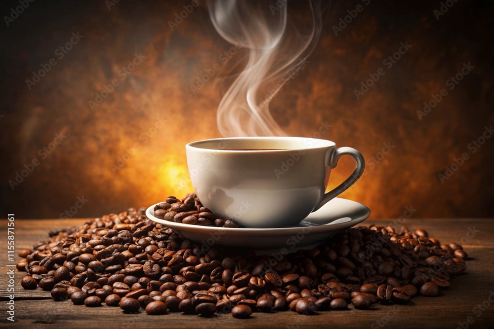 Close-Up of Steaming Latte Art Coffee in Rustic Warm Setting with Roasted Beans Close-Up of Steaming Latte Art Coffee in Rustic Warm Setting with Roasted Beans