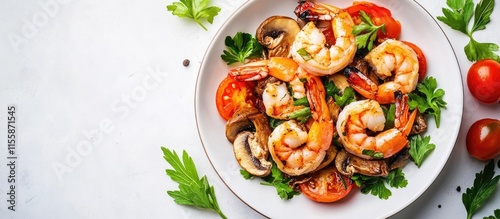 Grilled shrimp mushrooms and tomatoes on a plate with fresh herbs offering a delicious barbecue vibe and space for text or branding. photo