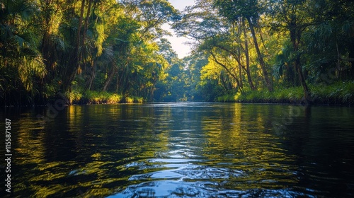 Calm river flowing through lush tropical forest during early morning light