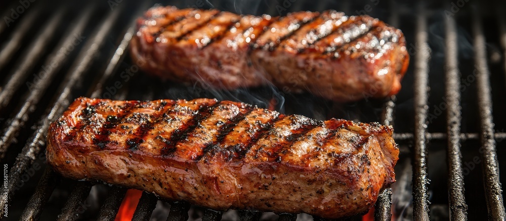 Cooking marinated pork steaks on a barbecue grill with smoke and grill marks summer outdoor gathering with empty space for text Cooking marinated pork steaks on a barbecue grill with smoke and grill marks summer outdoor gathering with empty space for text