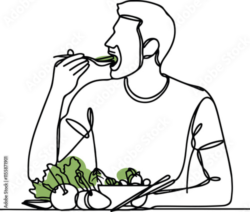 Simple Line Drawing of a Man Eating Vegetables Clean and Minimalist Art