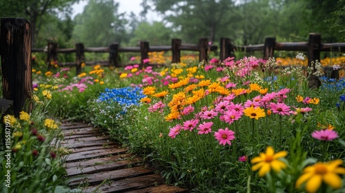 Pathway lined with flowers in a serene garden after rain
