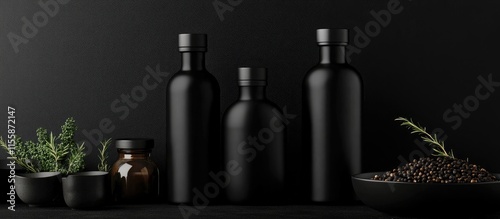 Black Condiment and Food Bottles Mockup Displaying Copyspace Ideal for Design Projects and Branding with Herbs and Ingredients Setting photo