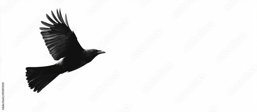 Obraz premium Black crow in flight on white background with ample copyspace for text and design elements for your creative projects