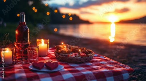 Evening picnic by the lake with candles and snacks in a serene outdoor setting